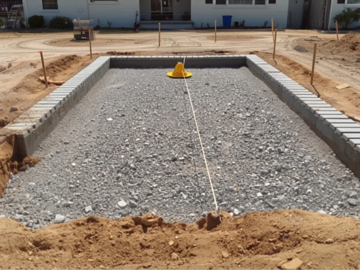 A driveway excavation filled with compacted aggregate, with border courses set along both sides and a string line.