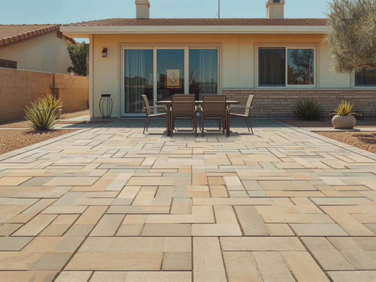 Tan concrete pavers in a large format field on a level back yard patio with a dining set.