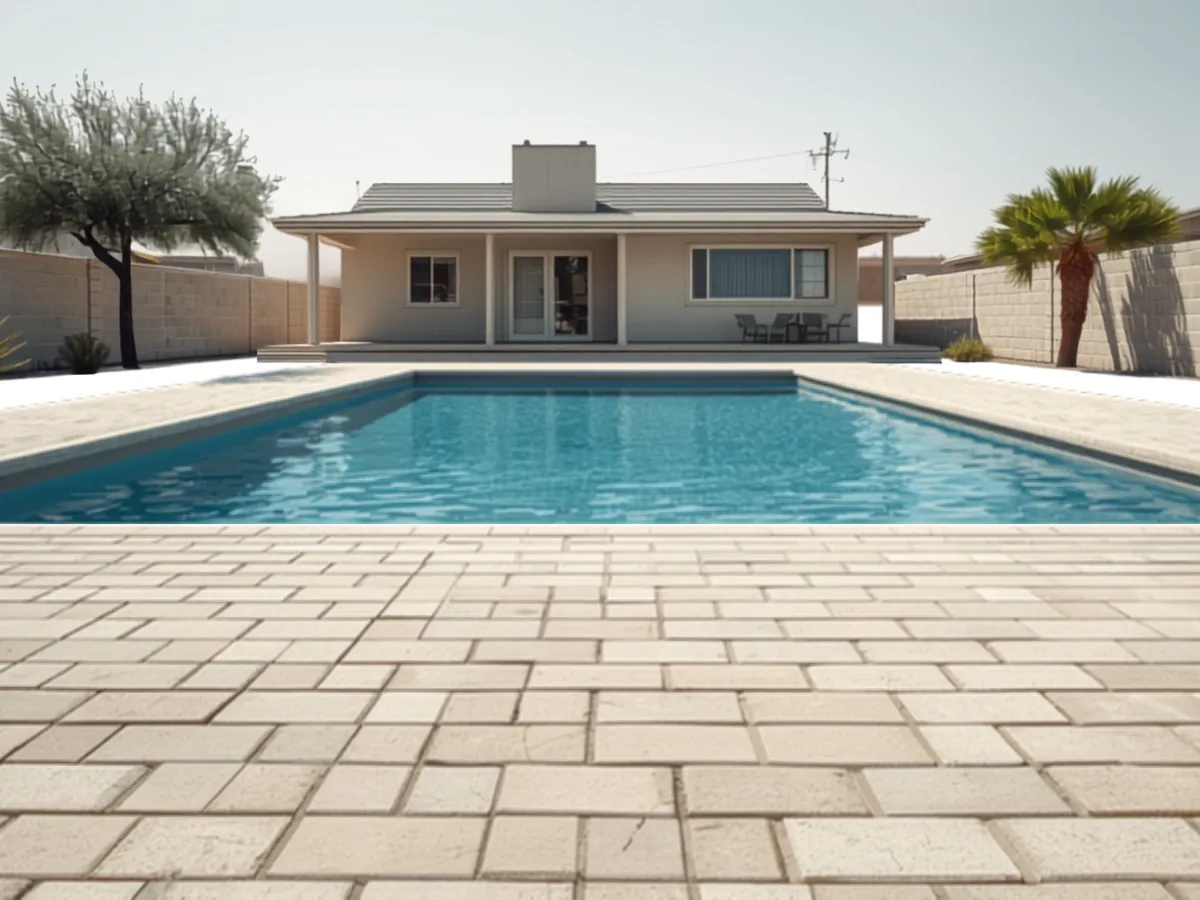 Light sand concrete pavers in a multi size modular pattern around a rectangular pool, with a border band at the coping.
