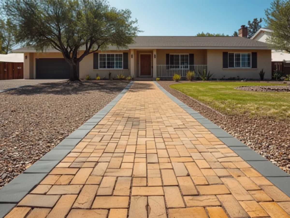 A front path of tan concrete pavers in a multi size modular pattern, framed both sides by a dark gray band.